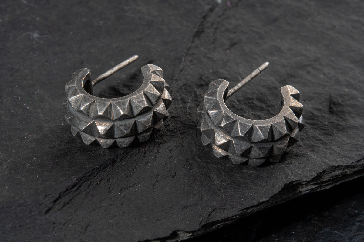 Circular Earring with Triple Stud, oxidized finish – 925 sterling silver earring by Leony Jewellery